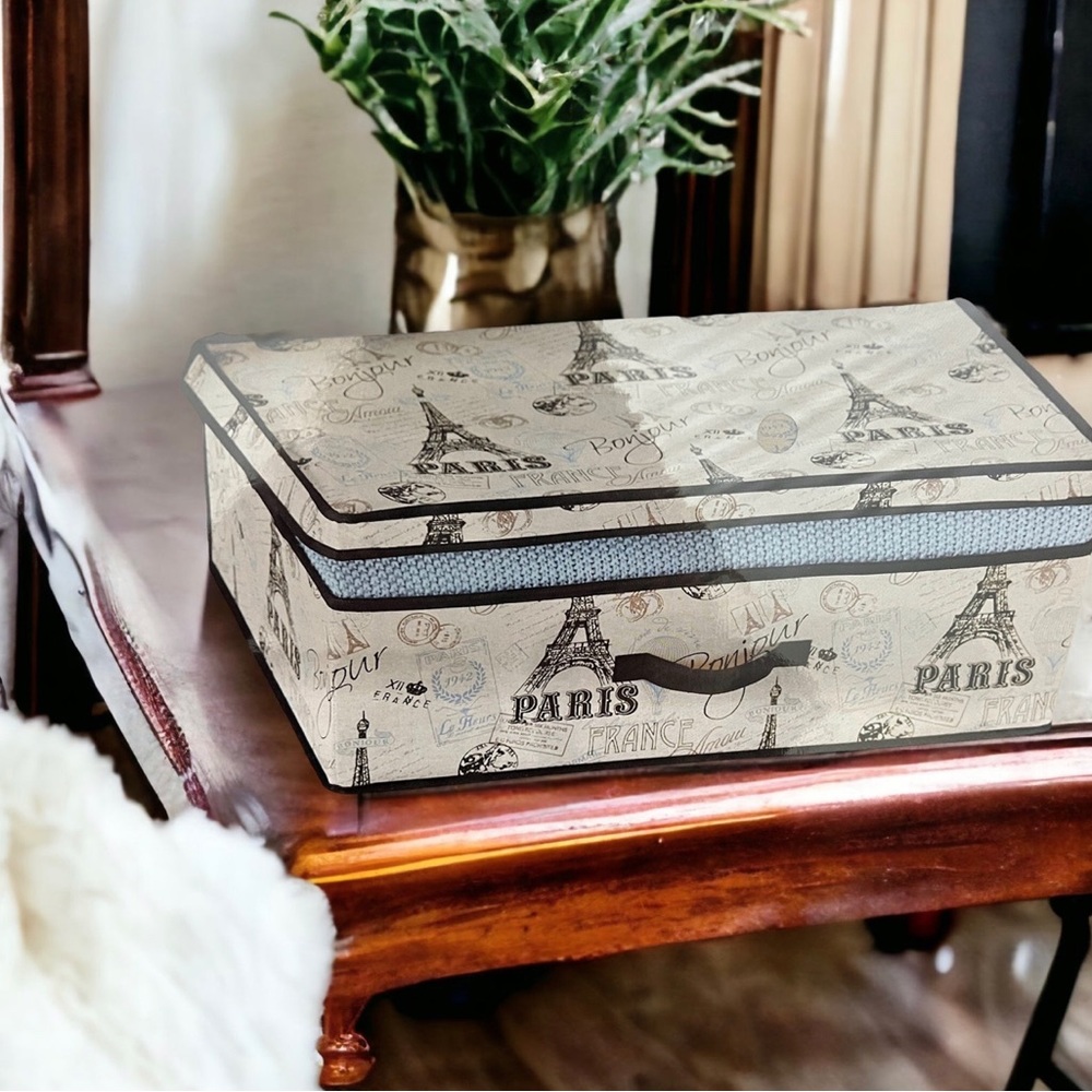Paris Eiffel Tower French Canvas Storage Box with Flip Up Lid
